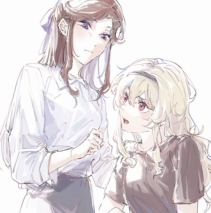 2girls arm_at_side black_hairband black_pants black_shirt blonde_hair bow brown_hair closed_mouth collared_shirt fang hair_bow hairband half_updo hand_on_another's_back hands_up highres long_hair long_sleeves looking_at_another looking_down looking_up lower_teeth_only multiple_girls nansui_(nansui_2023) open_mouth pants parted_bangs purple_bow purple_eyes raised_eyebrow red_eyes saijou_claudine shirt shirt_tucked_in short_sleeves shoujo_kageki_revue_starlight sidelocks simple_background sleeves_pushed_up standing teeth tendou_maya upper_body wavy_hair white_background white_shirt
