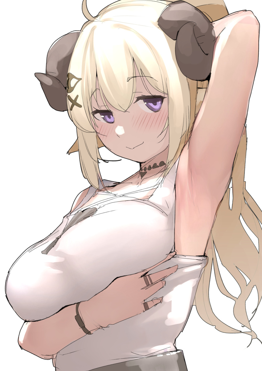 1girl animal_ears arm_under_breasts arm_up armpits blonde_hair blush breasts choker closed_mouth clothes_pull collarbone curled_horns double-parted_bangs hair_ornament highres hololive horns jewelry large_breasts long_hair looking_at_viewer mitsuru_(pixiv_34028718) official_alternate_costume purple_eyes ring sheep_ears sheep_girl sheep_horns shirt shirt_pull sidelocks simple_background sketch sleeveless sleeveless_shirt smile solo tsunomaki_watame tsunomaki_watame_(amazing_swing) upper_body virtual_youtuber white_background white_shirt x_hair_ornament