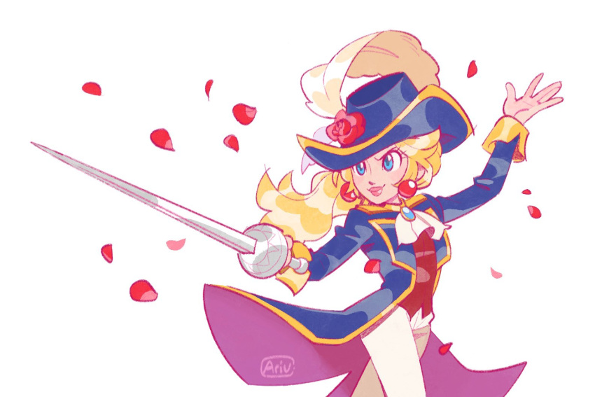 ari_vsart ascot blonde_hair blue_eyes blue_headwear blue_jacket brooch earrings feathers flower hat hat_feather hat_flower holding holding_sword holding_weapon jacket jewelry long_hair mario_(series) official_alternate_costume open_clothes open_jacket pants petals princess_peach princess_peach:_showtime! rapier red_flower red_petals red_rose red_vest rose simple_background sphere_earrings sword swordfighter_peach vest weapon white_ascot white_background white_feathers white_pants