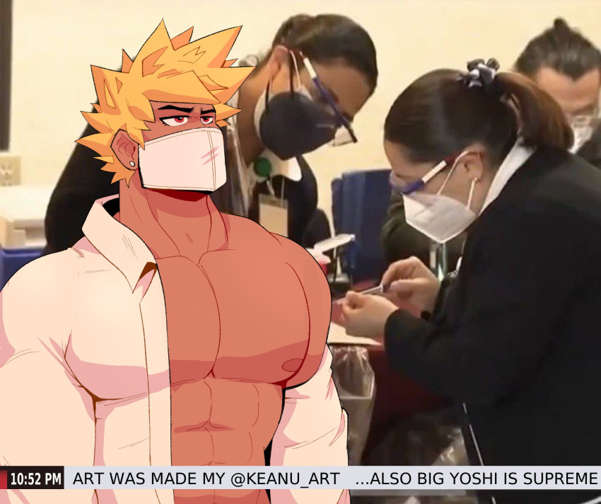 1boy abs alternate_pectoral_size bakugou_katsuki bara bare_pectorals black_hair boku_no_hero_academia highres i'll_suck_the_vaccine_out_of_his_tiddy_(meme) keanu_art large_pectorals looking_ahead male_focus mask meme mouth_mask muscular muscular_male nipples open_clothes open_shirt parody pectorals photo_background short_hair spiked_hair unamused