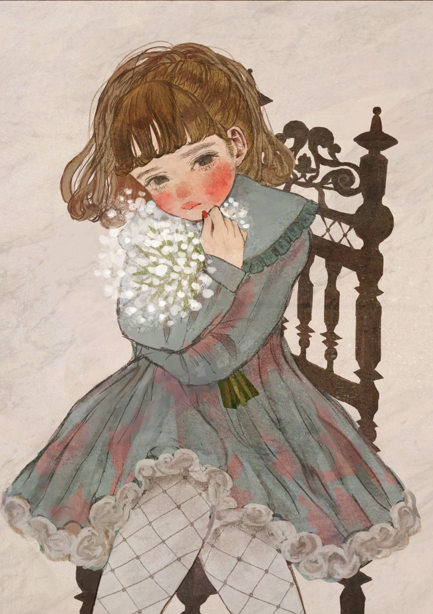 1girl black_bow black_eyes blue_dress blunt_bangs blush bouquet bow brown_hair chair closed_mouth collar collared_dress commentary_request cowboy_shot dress dress_flower eyelashes fishnets flower flower_request frilled_collar frills hair_bow highres holding holding_bouquet kusunoki_satomi looking_at_viewer nose_blush original pantyhose paper_background pink_lips rose short_dress short_hair simple_background sitting solo wavy_mouth white_background white_flower white_pantyhose white_rose