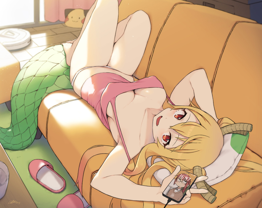1girl bangs bare_arms bare_legs bare_shoulders barefoot blonde_hair blush breasts camisole can cellphone cleavage cloba collarbone commentary_request couch covered_nipples dragon_girl dragon_horns dragon_tail eyebrows_visible_through_hair fang highres holding holding_phone horns indoors kobayashi-san_chi_no_maidragon kobayashi_(maidragon) large_breasts long_hair looking_at_viewer lying navel on_back open_mouth orange_eyes panties phone pillow roomba sitting slippers slit_pupils smartphone smile solo spaghetti_strap tail tooru_(maidragon) underwear underwear_only