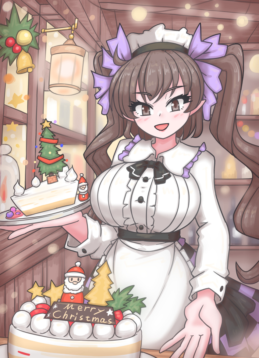 1girl apron black_hairband breasts brown_eyes brown_hair buttons cake christmas food frilled_apron frilled_headwear frilled_shirt_collar frills hairband highres himekaidou_hatate holding holding_cake holding_food holding_plate indoors long_sleeves looking_at_viewer mini_christmas_tree plaid plaid_skirt plate puffy_long_sleeves puffy_sleeves purple_ribbon ribbon shirt skirt smile solo temu touhou twintails two-tone_skirt white_apron white_shirt