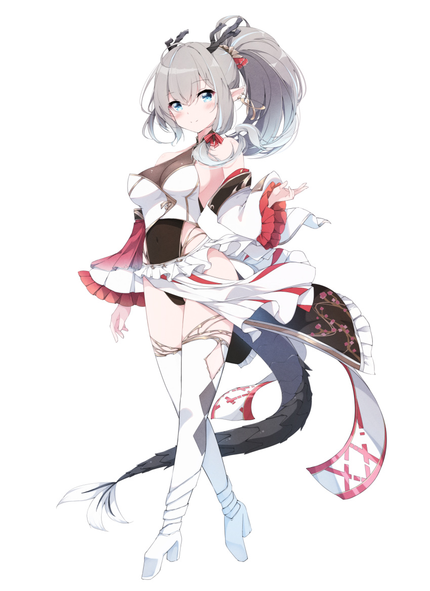 1girl bare_shoulders black_leotard blue_eyes breasts chinese_zodiac closed_mouth covered_navel detached_sleeves dragon_girl dragon_horns dragon_tail frilled_sleeves frills full_body fuuna grey_hair high_heels highres horns leotard long_hair long_sleeves medium_breasts original ponytail simple_background smile solo tail thighhighs white_background white_footwear white_sleeves white_thighhighs wide_sleeves year_of_the_dragon