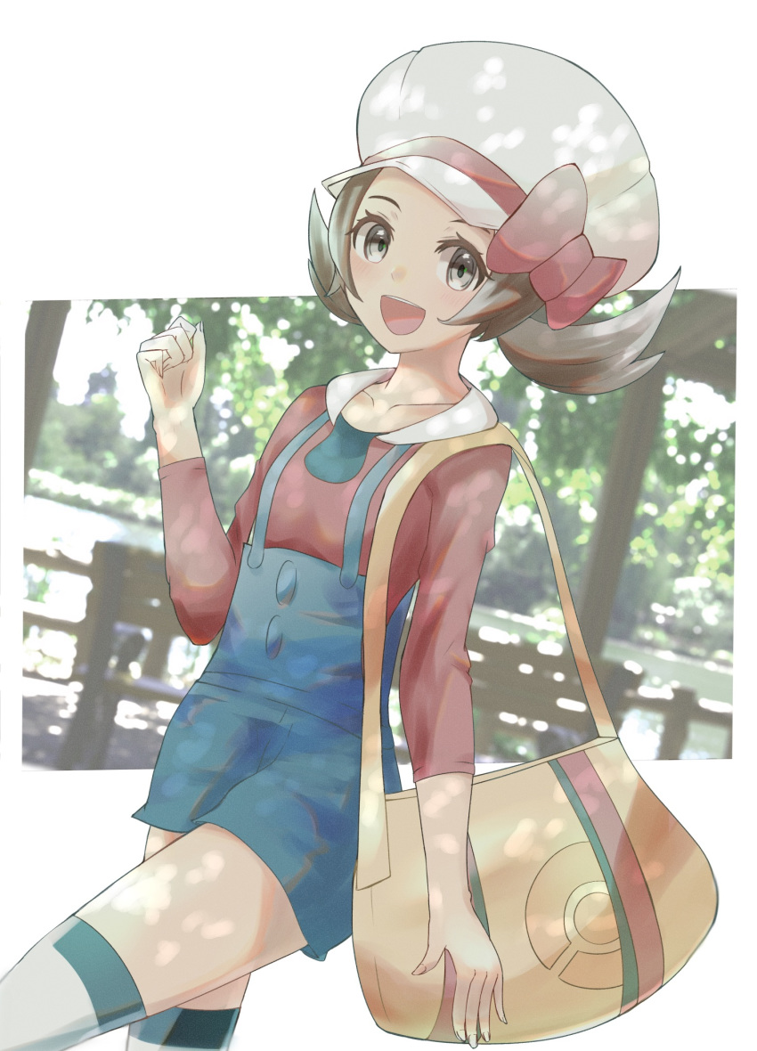 1girl :d bag bow brown_eyes brown_hair handbag hat hat_bow hat_ribbon highres kotone_(pokemon) long_sleeves looking_at_viewer open_mouth overalls photo_background pokemon red_bow red_shirt ribbon shirt short_hair short_twintails smile standing thighhighs twintails uji_(966qrr) white_legwear