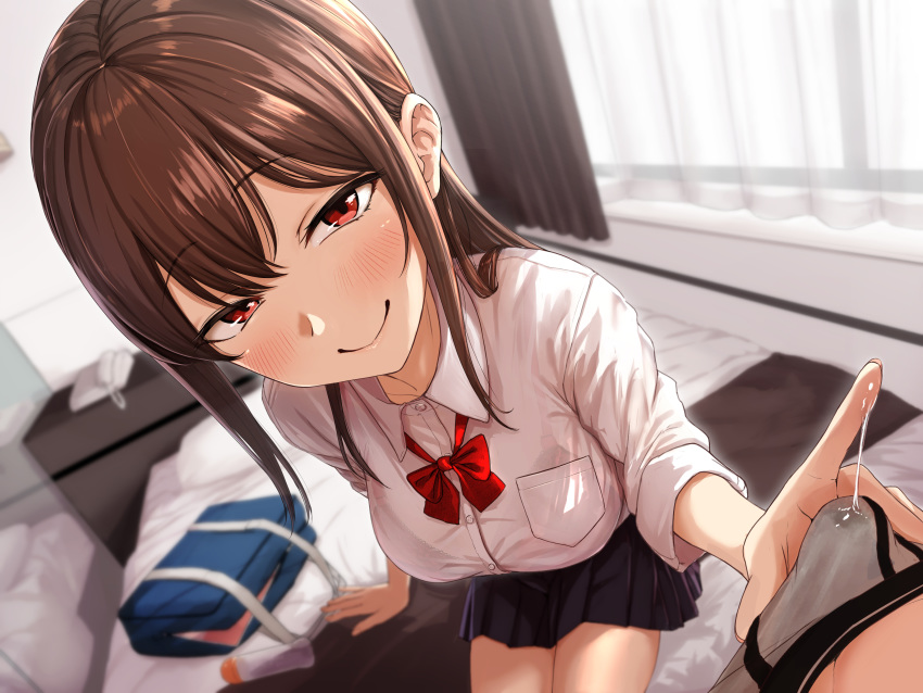 aoi_chizuru bed bow bra brown_hair original red_eyes school_uniform see_through skirt underwear