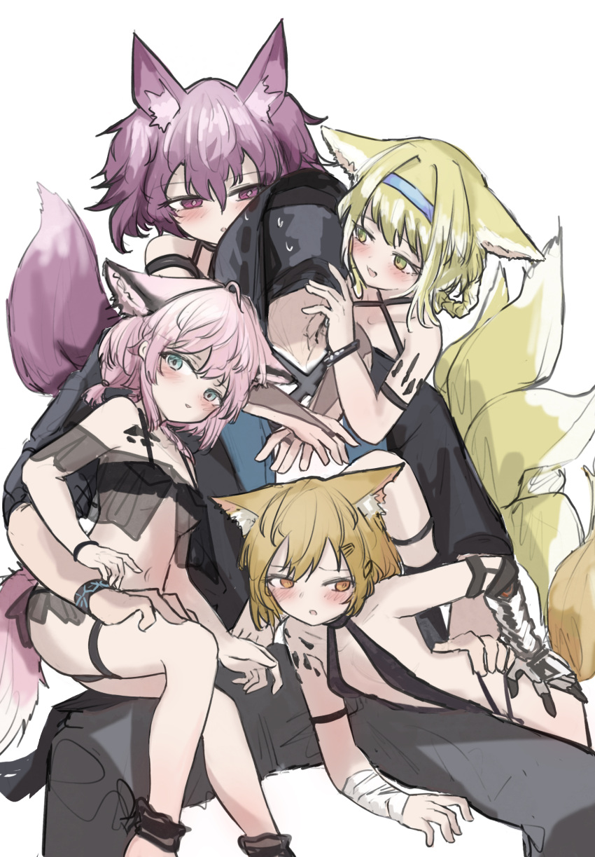 1other 4girls animal_ear_fluff animal_ears arknights black_bracelet blonde_hair blue_hairband blush bracelet bridal_gauntlets commentary doctor_(arknights) fox_ears fox_girl fox_tail green_eyes grey_pants hair_between_eyes hair_ornament hairband hairclip harem highres hug hug_from_behind infection_monitor_(arknights) jewelry kitsune looking_at_viewer multiple_girls navel negligee notched_ear orange_eyes oripathy_lesion_(arknights) pants parted_lips pink_hair shamare_(arknights) short_hair simple_background sitting sketch slingshot_swimsuit sussurro_(arknights) suzuran_(arknights) swimsuit tail vermeil_(arknights) whate=3r white_background