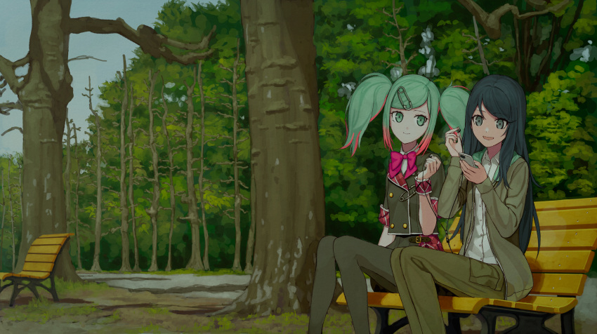 2girls absurdres bench black_hair black_pantyhose black_shirt black_skirt bow bowtie brown_jacket brown_pants buttons cellphone collared_shirt day double-breasted earbuds earphones feet_out_of_frame gradient_hair green_hair grey_eyes grey_sky hair_ornament hatsune_miku highres holding holding_phone hood hood_down hooded_jacket hoshino_ichika_(project_sekai) jacket knees_together_feet_apart legs_together leo/need_miku long_hair looking_at_phone multicolored_hair multiple_girls nature open_clothes open_jacket outdoors overcast pants pantyhose park park_bench phone pink_bow pink_bowtie pink_hair plaid plaid_shirt plant pleated_skirt project_sekai safety_pin scenery shirt side-by-side sitting skirt sky smartphone straight_hair swept_bangs tree turu twintails white_shirt wrist_cuffs