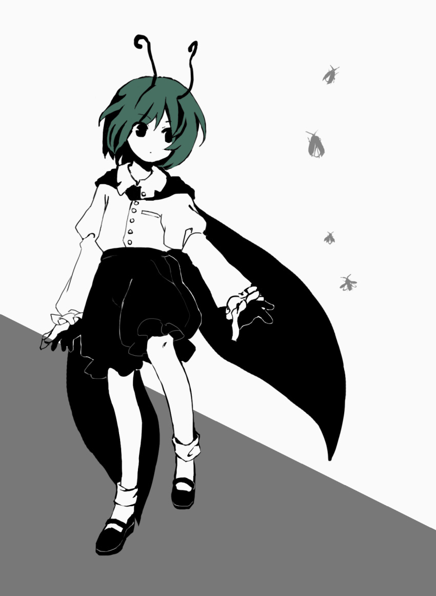 1girl antennae buttons cape closed_mouth collared_shirt commentary_request flat_chest frilled_shorts frilled_sleeves frills full_body green_hair highres juliet_sleeves kaigen_1025 long_sleeves mary_janes no_nose puffy_sleeves shirt shoes short_hair shorts socks solo spot_color touhou wriggle_nightbug