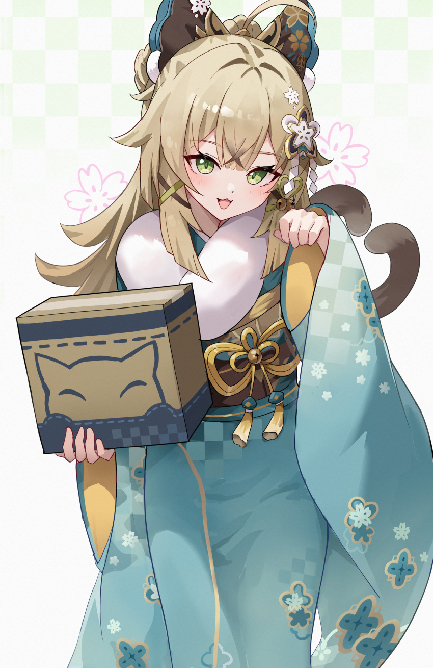 1girl absurdres aftamc ahoge animal_ears blonde_hair blush box cat_ears cat_girl cat_tail checkered_background commentary_request fur-trimmed_kimono fur_trim genshin_impact gradient_background green_eyes green_kimono hair_ornament highres holding holding_box japanese_clothes kimono kirara_(genshin_impact) long_hair long_sleeves looking_at_viewer multiple_tails open_mouth simple_background smile solo tail wide_sleeves