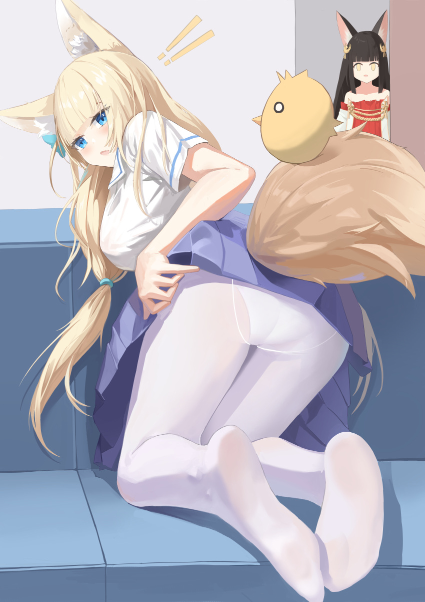 2girls absurdres animal_ear_fluff animal_ears ass azur_lane blonde_hair blue_eyes blue_skirt blunt_bangs blush breasts chinese_commentary commentary_request couch eyes_visible_through_hair fang fengxue foreshortening fox_ears fox_girl fox_tail from_behind highres indoors kneeling large_breasts legs_together long_hair looking_at_viewer looking_back low-tied_long_hair manjuu_(azur_lane) multiple_girls nagato_(azur_lane) niizuki_(azur_lane) no_shoes notice_lines on_couch open_mouth panties panties_under_pantyhose pantyhose pleated_skirt shirt short_sleeves skin_fang skirt soles solo_focus tail underwear very_long_hair white_panties white_pantyhose white_shirt