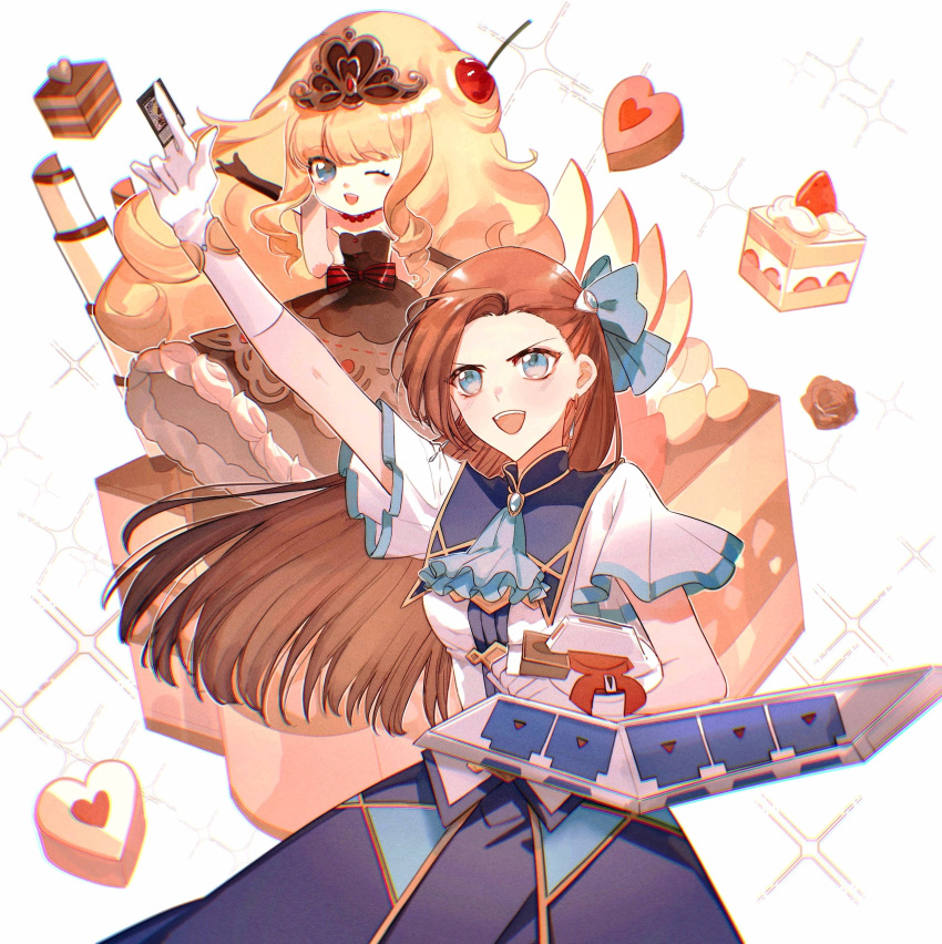 2girls absurdres arm_up asymmetrical_bangs blonde_hair blue_dress blue_eyes blue_gemstone blue_ribbon bow bracelet brown_dress brown_gloves brown_hair brown_rose cake cake_slice card cherry chocolate chocolate_cake commentary commission crossover crown curly_hair dangle_earrings dessert dress duel_disk duel_monster earrings elbow_gloves english_commentary food fruit gem gloves gold_trim hair_ribbon hand_up highres holding holding_card jewelry katarina_claes long_hair madolche_puddingcess_chocolat-a-la-mode medium_hair multiple_girls naoki_(2rzmcaizerails6) one_eye_closed open_mouth otome_game_no_hametsu_flag_shika_nai_akuyaku_reijou_ni_tensei_shite_shimatta outstretched_arm red_bow ribbon short_sleeves smile sparkle sweets trading_card white_background white_gloves yu-gi-oh!