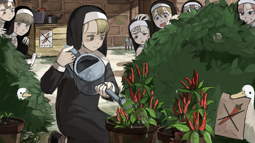 6+girls bird blonde_hair brown_hair bush chicken chili_pepper diva_(hyxpk) duck gardening glasses habit hiding highres holding holding_watering_can letter multiple_girls nun open_mouth original plant poster_(object) pot potted_plant rake snail sweatdrop watering_can