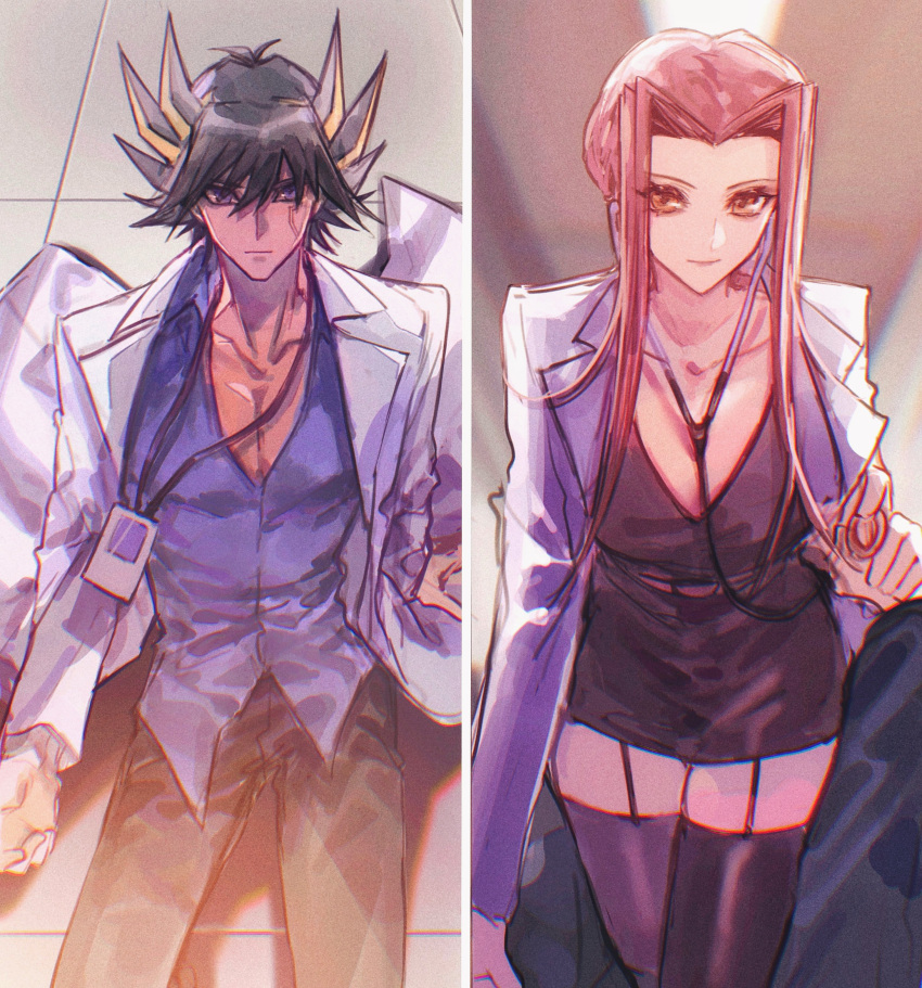 1boy 1girl absurdres belt between_legs black_dress black_hair black_pants black_thighhighs blue_eyes blue_shirt brown_eyes ceiling ceiling_light chinese_commentary coat collared_shirt commentary doctor dress facial_mark facial_tattoo fudou_yuusei garter_straps girl_on_top hetero highres holding_stethoscope id_card izayoi_aki lab_coat lanyard multicolored_hair naoki_(2rzmcaizerails6) on_floor on_ground open_clothes open_coat pants partially_unbuttoned pov purple_hair shirt short_hair short_hair_with_long_locks sitting smile spiked_hair split_screen stethoscope streaked_hair tattoo thighhighs tile_floor tiles yu-gi-oh! yu-gi-oh!_5d's
