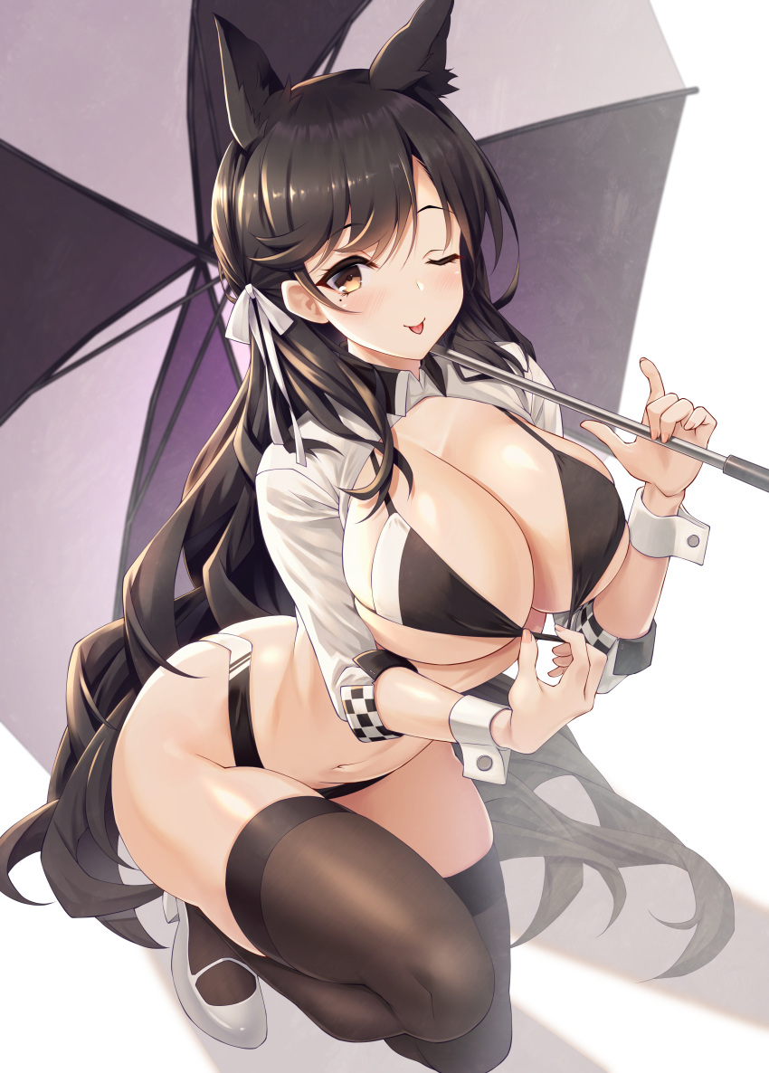 1girl ;p absurdres animal_ear_fluff animal_ears arched_back atago_(azur_lane) atago_(stunning_speedster)_(azur_lane) azur_lane backlighting bikini bikini_pull black_bikini black_hair black_thighhighs blush breasts cleavage clothes_pull emanon123 extra_ears hair_ribbon highres long_hair looking_at_viewer mole mole_under_eye navel official_alternate_costume one_eye_closed race_queen ribbon simple_background solo swimsuit thighhighs tongue tongue_out umbrella very_long_hair white_background white_footwear white_ribbon wrist_cuffs