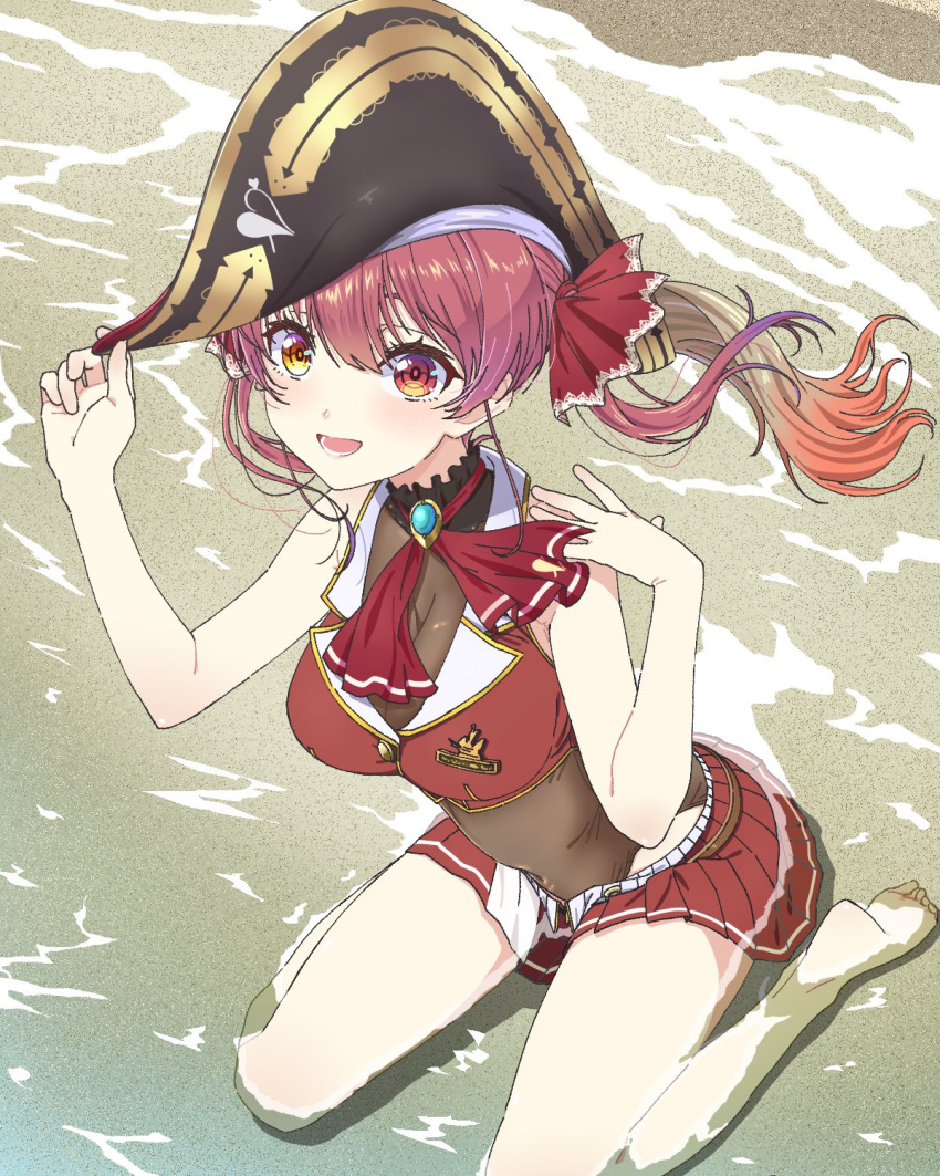 1girl arrow_through_heart ascot bare_legs barefoot beach belt bicorne black_headwear blue_gemstone blush breasts brooch brown_belt brown_leotard collar commentary cropped_jacket frilled_collar frills from_above full_body gem hair_ribbon hand_on_headwear hat heterochromia highres hololive houshou_marine houshou_marine_(1st_costume) jacket jewelry large_breasts leotard leotard_under_clothes long_hair looking_at_viewer miniskirt open_mouth partially_submerged pirate_hat pleated_skirt plume red_ascot red_eyes red_hair red_jacket red_ribbon red_skirt ribbon sitting skirt sleeveless sleeveless_jacket smile soles solo symbol-only_commentary tlie_ilt twintails two-tone_skirt virtual_youtuber wariza white_skirt yellow_eyes