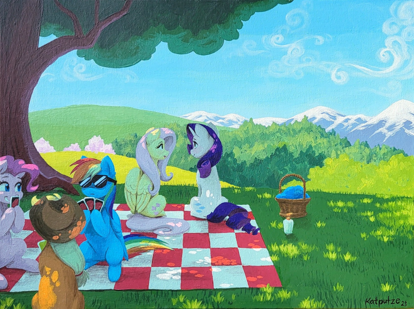 applejack_(mlp) basket canvas canvas_texture container earth_pony equid equine eyewear feral fluttershy_(mlp) friendship_is_magic grass hasbro hi_res horn horse katputze mammal my_little_pony oil_painting_(artwork) painting_(artwork) pegasus picnic picnic_basket picnic_blanket pinkie_pie_(mlp) plant pony quadruped rainbow_dash_(mlp) rarity_(mlp) sitting sunglasses traditional_media_(artwork) ukulilia unicorn uno uno_card wings