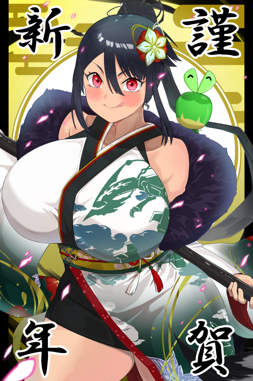 1girl :q absurdres aged_up alternate_color alternate_costume applin bare_shoulders black_hair breasts commentary_request cowboy_shot dark-skinned_female dark_skin detached_sleeves feather_boa hair_between_eyes hair_ornament highres hizakake holding holding_staff huge_breasts japanese_clothes kimono long_hair looking_at_viewer mega_rayquaza obi on_shoulder pokemon pokemon_(creature) pokemon_on_shoulder pokemon_oras ponytail print_kimono rayquaza red_eyes sash shiny_pokemon sleeveless sleeveless_kimono smile solo_focus staff standing tongue tongue_out very_long_hair white_kimono zinnia_(pokemon)