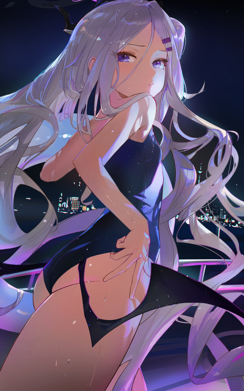 1girl absurdres ass black_horns black_wings blue_archive blue_one-piece_swimsuit building city closed_mouth commentary flat_chest grey_hair hair_between_eyes hair_over_shoulder highres hina_(blue_archive) hina_(swimsuit)_(blue_archive) horns leiq long_hair looking_at_viewer low_wings night night_sky official_alternate_costume one-piece_swimsuit outdoors purple_eyes school_swimsuit sky solo swimsuit very_long_hair wet wings