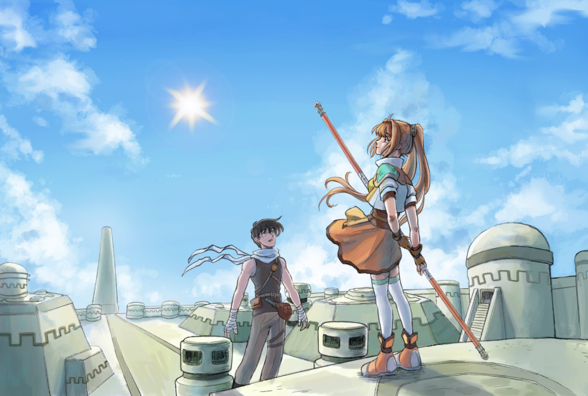 1boy 1girl bandaged_arm bandaged_hand bandages belt_pouch black_hair blue_sky brown_gloves brown_hair building clothes_lift cloud eiyuu_densetsu english_commentary estelle_bright fanny_pack fingerless_gloves floating_hair floop249 full_body gloves highres holding holding_staff holding_weapon joshua_bright outdoors pouch scarf shoes skirt skirt_lift sky sneakers sora_no_kiseki staff sun twintails weapon