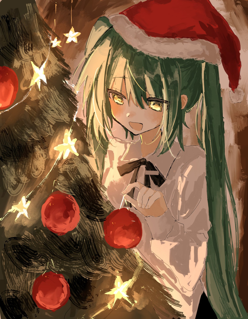 1girl :d black_ribbon blush christmas christmas_ornaments christmas_tree collared_shirt dot_nose eye_reflection green_eyes green_hair hair_between_eyes hat hatsune_miku highres holding_ornament indoors long_hair long_sleeves looking_at_object neck_ribbon open_mouth raised_eyebrows reflection ribbon santa_hat shirt sidelocks sleeve_cuffs smile solo twintails unagizaka_gohan upper_body very_long_hair vocaloid white_shirt