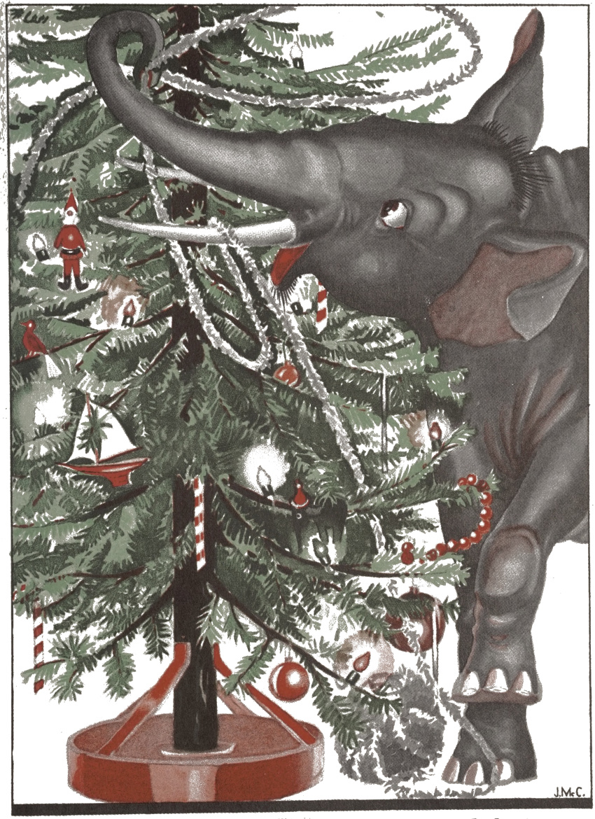 1938 20th_century absurd_res ambiguous_gender ancient_art candy candy_cane christmas_decorations christmas_lights dessert elephant elephantid father_elephant_(little_elephant) feral food grey_body hi_res hooves jean_mcconnell little_elephant male_(lore) mammal official_art open_mouth ornament proboscidean simple_background solo standing story story_in_description traditional_media_(artwork) trunk tusks white_background