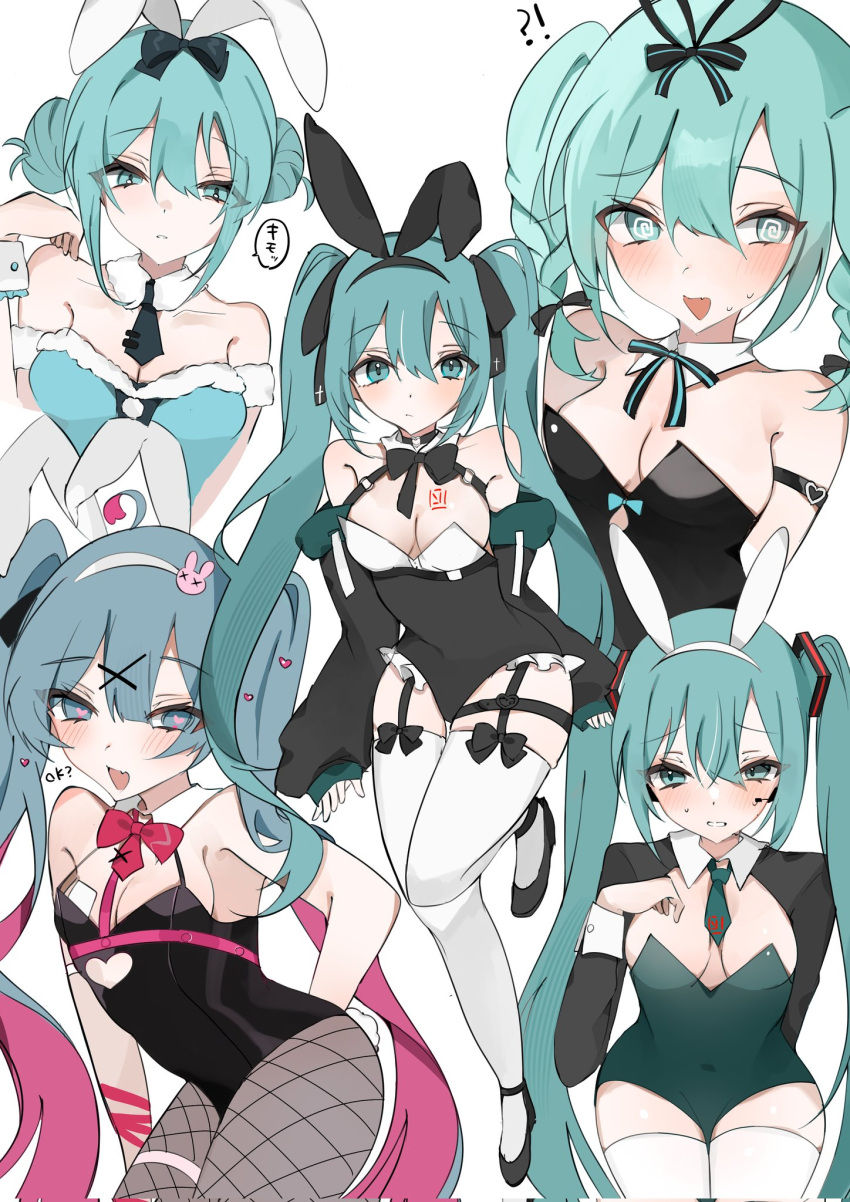 !? 5girls :/ :d @_@ animal_ears arm_strap averting_eyes bare_shoulders black_bow black_footwear black_leotard black_shrug blue_dress blue_eyes blue_hair blush bow bowtie breasts cleavage covered_navel crossed_bangs detached_collar dot_nose double_bun dress fake_animal_ears fake_tail fishnet_pantyhose fishnets fur-trimmed_dress fur_trim garter_straps green_leotard green_necktie grin hair_between_eyes hair_bow hair_bun hair_ornament hatsune_miku headset heart heart-shaped_pupils high_heels highres knees_together_feet_apart legs_together leotard long_hair looking_at_viewer medium_breasts multiple_girls multiple_persona necktie off-shoulder_dress off_shoulder open_mouth pantyhose playboy_bunny rabbit_ears rabbit_hole_(vocaloid) rabbit_tail red_bow red_bowtie short_hair_with_long_locks sidelocks simple_background smile sweatdrop symbol-shaped_pupils tail thighhighs twintails very_long_hair vocaloid waimoniku white_background white_thighhighs x_hair_ornament