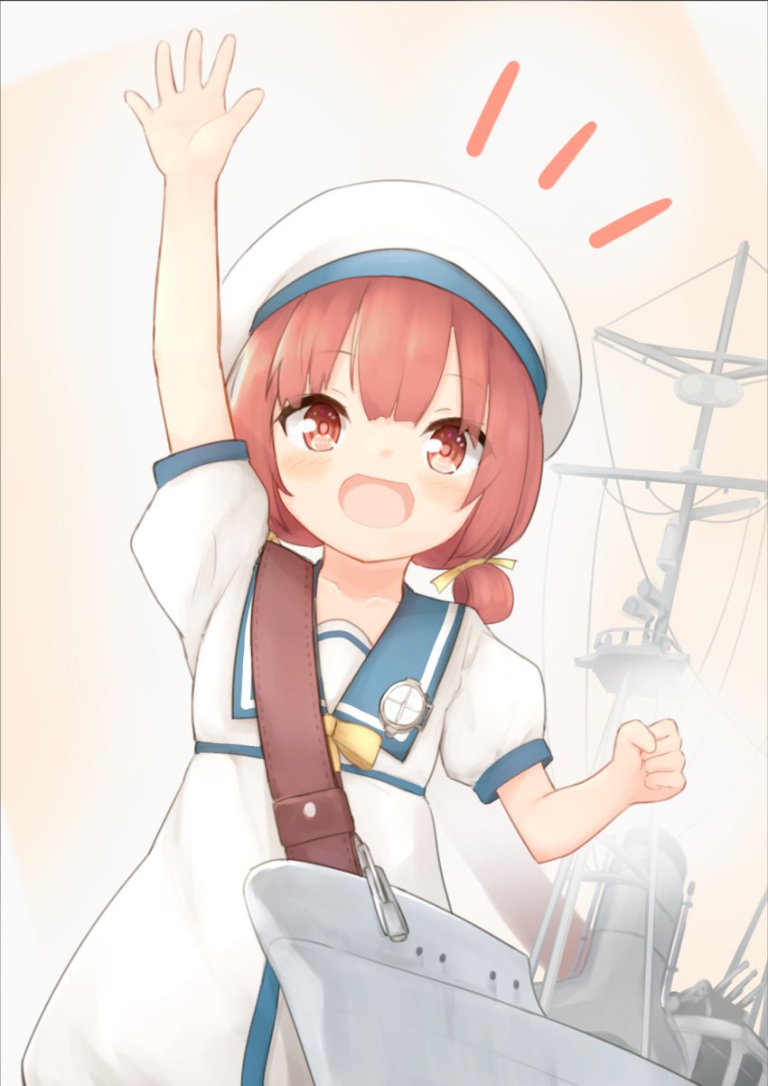 1girl arm_up bangs blue_sailor_collar blush centi_mnkt dress hair_ribbon hair_rings hat highres kaiboukan_no._4_(kantai_collection) kantai_collection notice_lines open_mouth red_eyes red_hair ribbon rigging sailor_collar sailor_dress short_hair short_sleeves simple_background solo