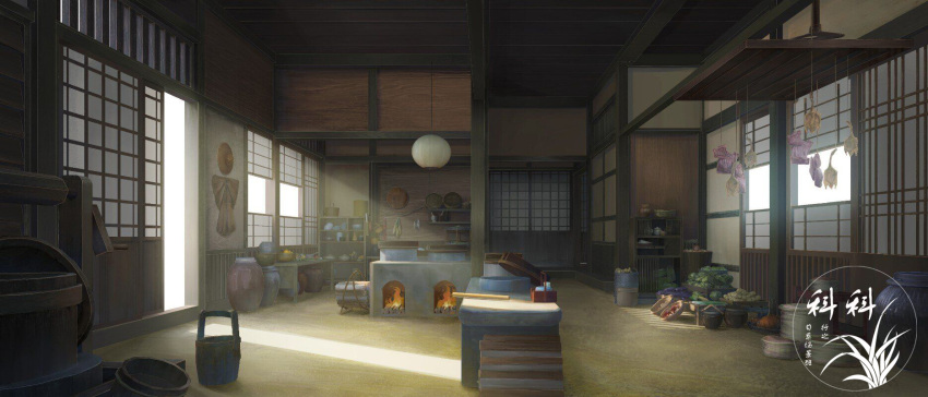 artist_logo bucket fire firewood food highres indoors no_humans open_door original scenery shouji sliding_doors still_life table vase vegetable window wooden_bucket xingzhi_lv