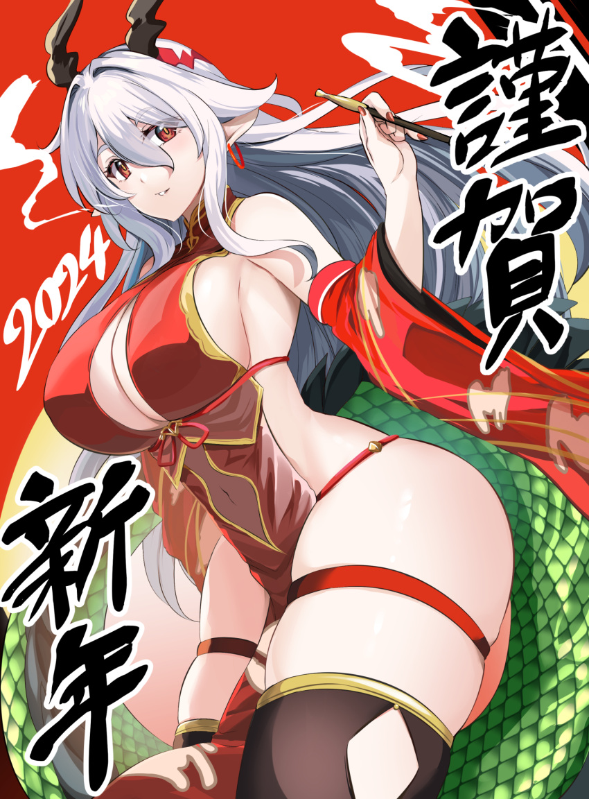 1girl 2024 black_horns black_thighhighs breasts china_dress chinese_clothes chinese_zodiac commentary_request covered_navel detached_sleeves dragon_horns dragon_tail dress earrings hair_between_eyes highres hinata_sora holding holding_smoking_pipe horns jewelry kiseru large_breasts long_hair looking_at_viewer nail_polish new_year original pointy_ears red_background red_dress red_eyes red_nails red_sleeves smile smoking_pipe solo standing tail thigh_strap thighhighs thighs white_hair wide_sleeves year_of_the_dragon