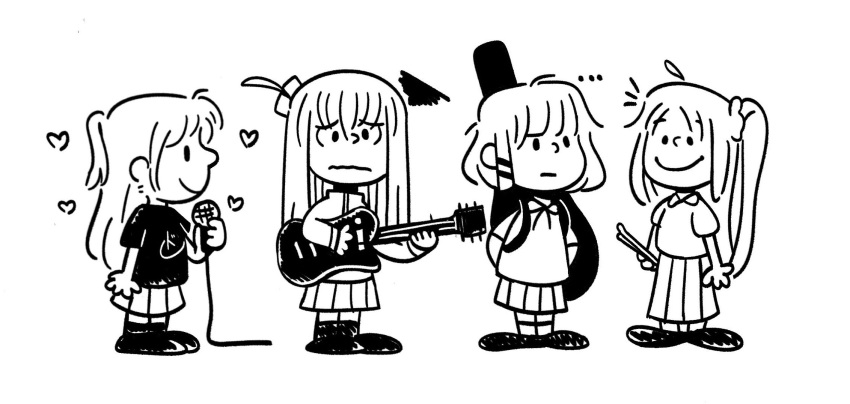 4girls bocchi_the_rock! charles_schulz_(style) cube_hair_ornament drumsticks electric_guitar english_commentary gotoh_hitori guitar guitar_case hair_ornament highres ijichi_nijika instrument instrument_case jacket kita_ikuyo lineart long_hair microphone multiple_girls parody peanuts pleated_skirt richie_piacentini school_uniform short_hair side_ponytail skirt smile style_parody two_side_up wavy_mouth yamada_ryo