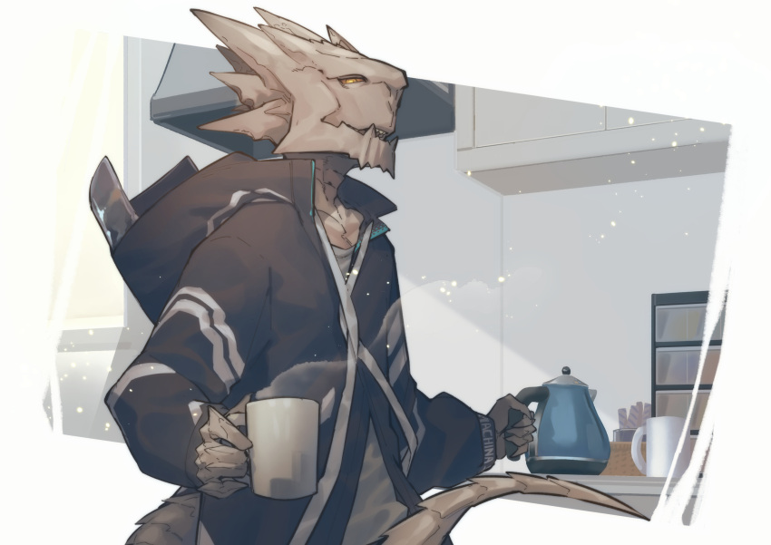 12f_(arknights) 1boy arknights black_coat coat cup furry highres holding holding_cup hood hood_down hooded_coat indoors kitchen koryuu_(gackter10) mug solo standing steam teapot yellow_eyes