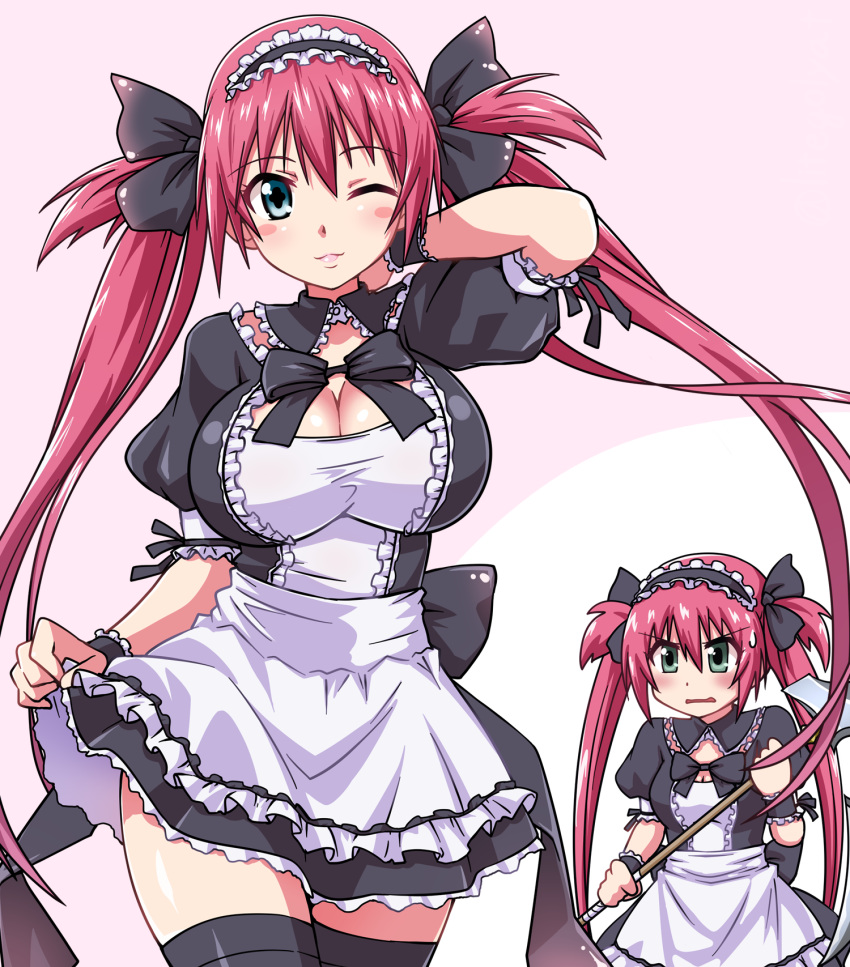 2girls airi_(queen's_blade) airi_(queen's_blade)_(cosplay) black_ribbon blue_eyes blush breasts cleavage cosplay frills goriate green_eyes hair_ribbon highres large_breasts long_hair looking_at_viewer maid maid_headdress melona multiple_girls one_eye_closed queen's_blade red_hair ribbon scythe short_sleeves symbol-shaped_pupils thighhighs twintails very_long_hair wrist_cuffs