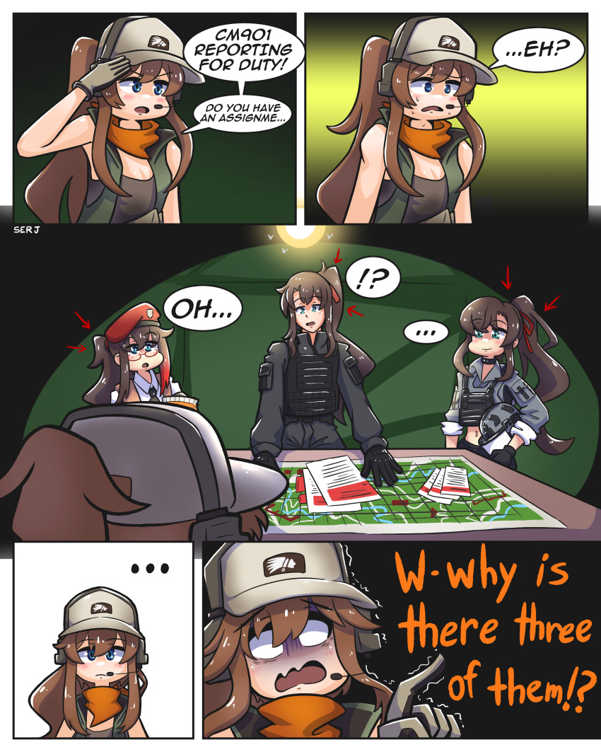 !? ... 1boy 3girls absurdres arrow_(symbol) artist_name bandana bare_shoulders baseball_cap beret black_gloves black_necktie black_shirt black_shorts blank_eyes blue_eyes breasts brown_hair brown_headwear choker cleavage closed_mouth cm901_(girls'_frontline) collared_shirt commander_(girls'_frontline) commission confused cropped_jacket ear_protection english_text female_commander_(girls'_frontline) girls'_frontline gloves green_jacket grey_jacket grey_pants hand_up hat highres indoors jacket long_hair long_sleeves looking_at_another looking_at_viewer multicolored_hair multiple_girls navel necktie open_clothes open_jacket open_mouth orange_bandana original pants plate_carrier pointing ponytail red-framed_eyewear red_headwear salute semi-rimless_eyewear serjatronic shirt shorts sidelocks sleeveless sleeveless_jacket sleeveless_shirt sleeves_rolled_up smile speech_bubble streaked_hair termichan_(not-a-bot) white_shirt
