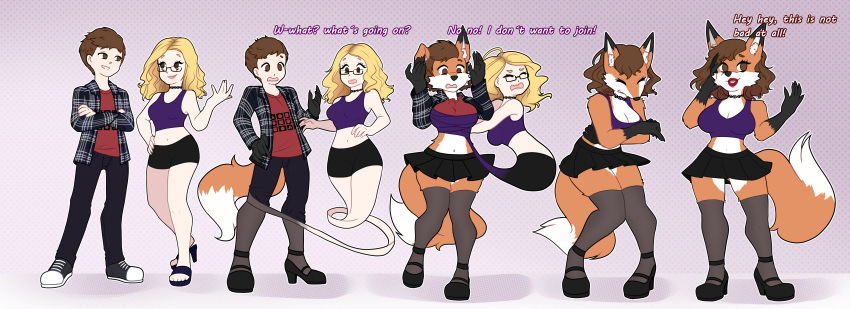 absurd_res alternate_costume anthro big_breasts blonde_hair bottomwear breast_growth breasts brown_hair canid canine clothed clothing clothing_swap clothing_transformation colored confusion dialogue duo english_text female fox fur gender_transformation growth hair hair_growth happy hi_res human karukarumie lipstick long_hair makeup male mammal midriff mtf_transformation orange_body orange_fur sequence skirt species_transformation surprised_expression tail tail_growth text transformation white_body white_fur