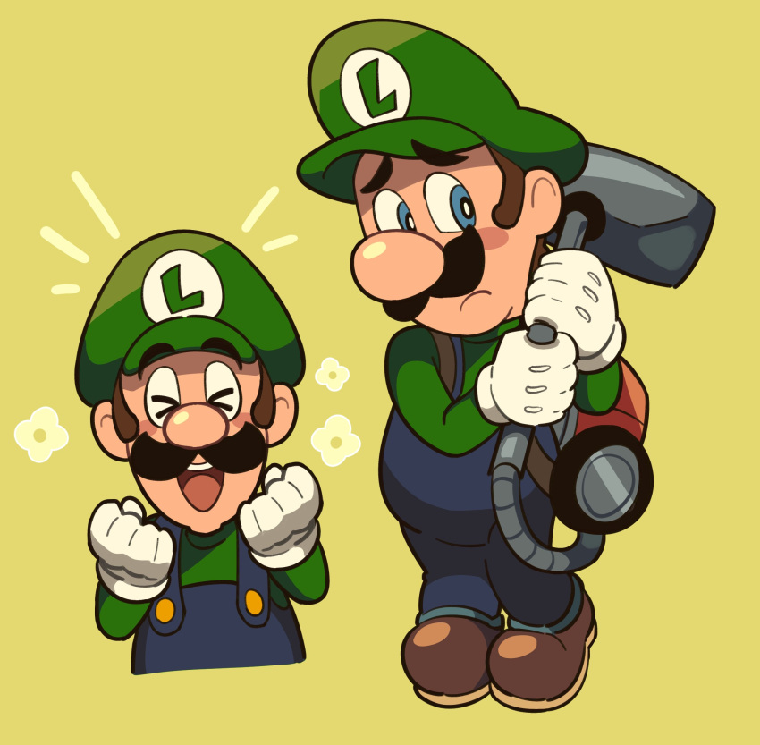 :d blue_eyes blue_overalls blush blush_stickers bright_pupils brown_footwear closed_eyes facial_hair flower frown gloves green_headwear green_shirt highres holding long_sleeves loveycloud luigi luigi's_mansion mario_(series) multiple_views mustache notice_lines overalls poltergust_3000 shirt shoes sideburns simple_background smile white_gloves white_pupils worried yellow_background