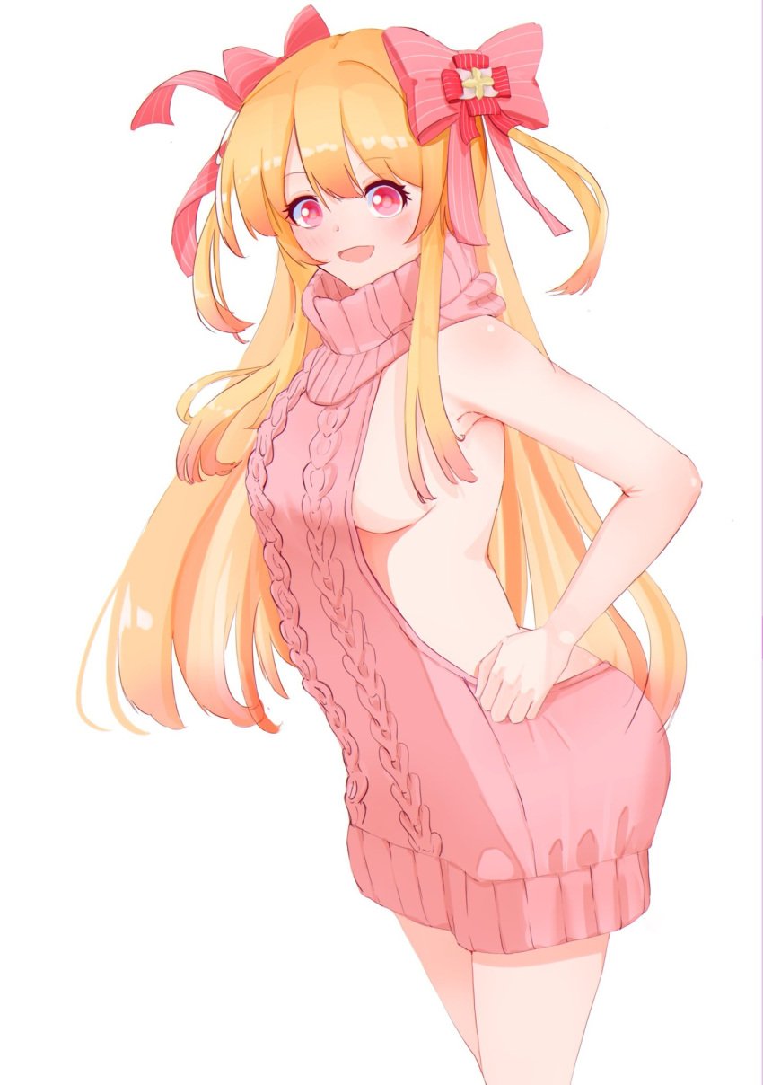 1girl aged_up alternate_costume blonde_hair blush breasts chaos_marie_(grimms_notes) grimms_notes highres long_hair meme_attire nagyo_9674 pink_eyes pink_sweater sideboob simple_background smile solo sweater virgin_killer_sweater white_background