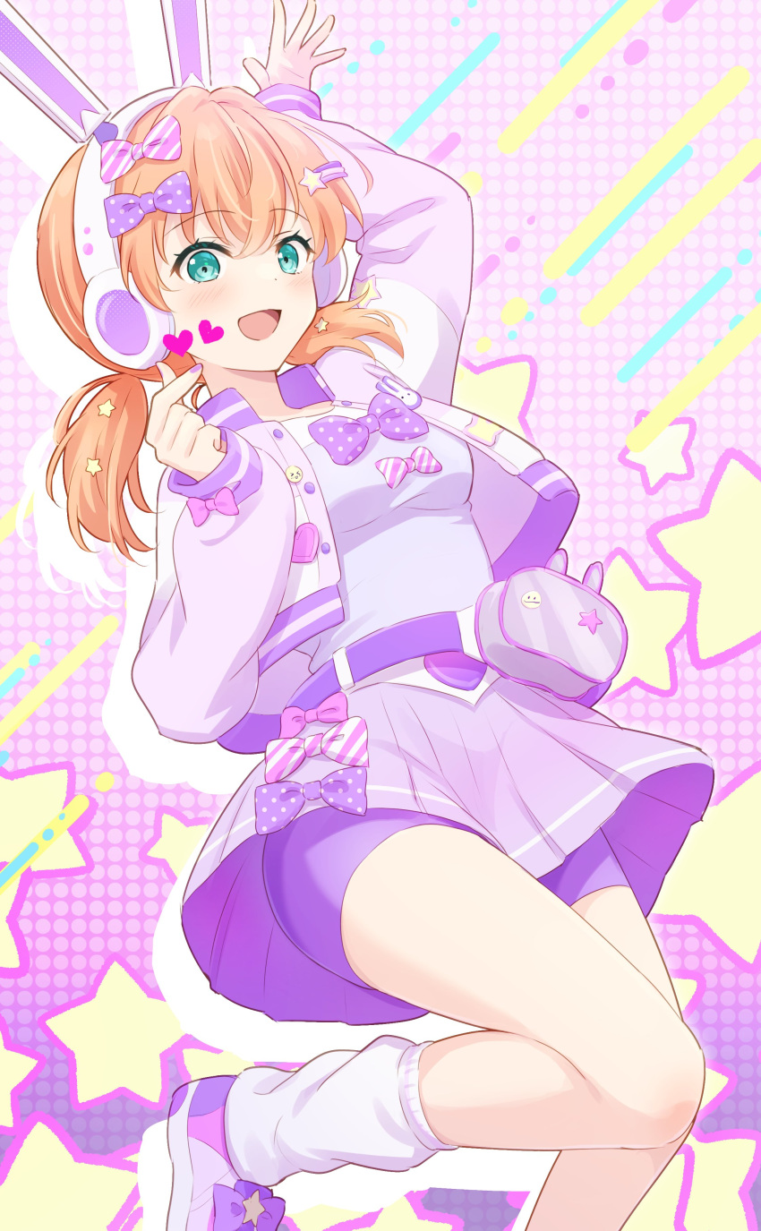 1girl absurdres animal_ears bow breasts green_hair hair_ornament headphones highres hinoshita_kaho link!_like!_love_live! looking_at_viewer love_live! orange_hair ponytail purple_bow rabbit_ears shorts skirt socks solo soramizuki thighs v