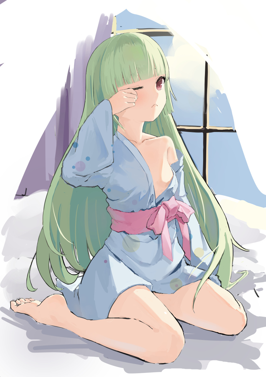 1girl absurdres alternate_costume barefoot blue_kimono blunt_bangs blunt_ends blush bow breasts chinese_commentary closed_mouth collarbone commentary_request day eyebrows_hidden_by_hair eyelashes fengxue frown full_body green_hair hair_down hand_up highres hime_cut indoors japanese_clothes kimono long_hair long_sleeves looking_at_viewer murasame_(senren) no_bra one_eye_closed pink_bow pink_sash red_eyes rubbing_eyes sash senren_banka short_kimono sidelocks simple_background single_bare_shoulder sitting sketch sleepwear sleepy small_breasts soles solo straight_hair toes very_long_hair wariza wide_sleeves window