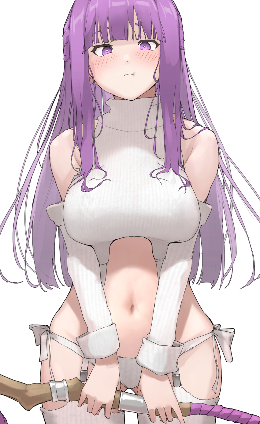 1girl aran_legwear blunt_bangs breasts cable_knit cut_bangs detached_sleeves duplicate fern_(sousou_no_frieren) garter_straps highres large_breasts mage_staff meme_attire mitsuru_(pixiv_34028718) panties pixel-perfect_duplicate purple_hair purple_pupils ribbed_panties ribbed_sleeves ribbed_sweater ribbed_thighhighs side-tie_panties sleeveless sleeveless_sweater sleeveless_turtleneck solo sousou_no_frieren sweater turtleneck turtleneck_sweater underwear virgin_destroyer_sweater