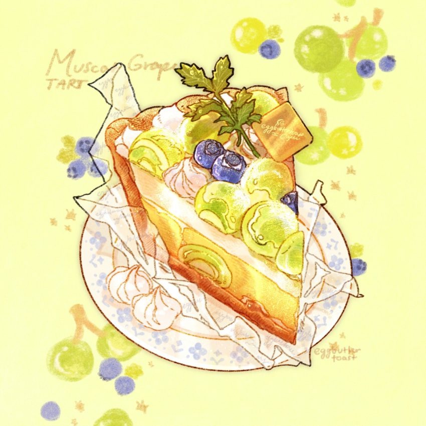 artist_name blueberry commentary english_commentary english_text floral_print food food_focus fruit fruit_background fruit_tart grapes green_background highres nao_(bestrollever) no_humans original parsley pie pie_slice plastic_wrap plate simple_background starry_background still_life tart_(food) whipped_cream