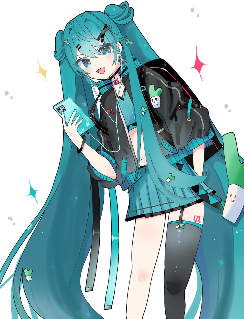 1girl :d arm_behind_back bandeau black_choker black_jacket black_thighhighs blue_bandeau blue_hair blue_skirt blush bracelet cellphone choker collared_jacket dot_nose earbuds earphones feet_out_of_frame food-themed_hair_ornament garter_straps hair_between_eyes hair_ornament hairclip hatsune_miku highres holding holding_phone jacket jewelry leaning_to_the_side long_hair long_sleeves looking_at_viewer minaduki_0318 miniskirt navel number_tattoo open_mouth phone pleated_skirt puffy_long_sleeves puffy_sleeves sidelocks simple_background single_thighhigh skirt sleeve_cuffs smartphone smile solo sparkle spring_onion_hair_ornament stomach tattoo thighhighs twintails very_long_hair vocaloid white_background x_hair_ornament