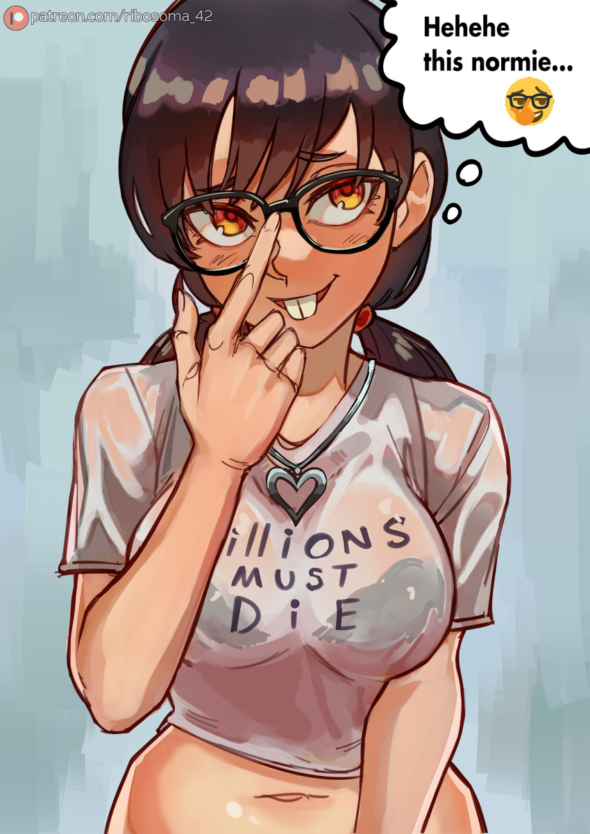 1girl black_hair bra bra_visible_through_clothes breasts buck_teeth chainsaw_man cropped_shirt english_text glasses heart heart_necklace highres jewelry medium_breasts mitaka_asa navel necklace nerd_emoji orange_eyes patreon_logo print_shirt ribosoma_42 see-through see-through_shirt shirt solo teeth thought_bubble twintails underwear web_address white_shirt