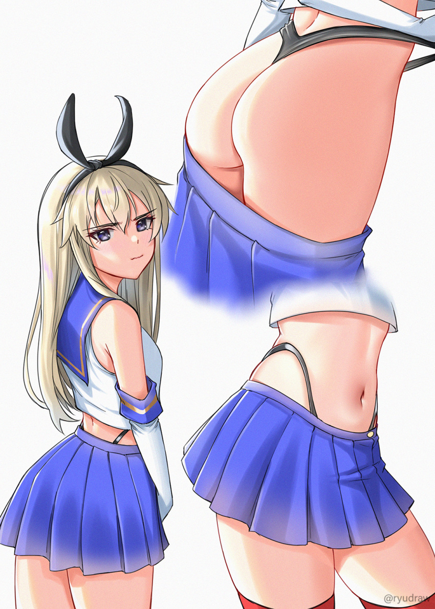 1girl ass bangs bare_shoulders black_ribbon blonde_hair blue_sailor_collar blush closed_mouth cowboy_shot crop_top earrings elbow_gloves gloves hair_ribbon highres jewelry kantai_collection long_hair looking_at_viewer looking_to_the_side miniskirt multiple_views navel pleated_skirt red_legwear ribbon ryudraw sailor_collar shimakaze_(kantai_collection) shirt skirt skirt_pull sleeveless sleeveless_shirt stomach straight_hair thighhighs thong v-shaped_eyebrows very_long_hair white_gloves white_shirt zettai_ryouiki