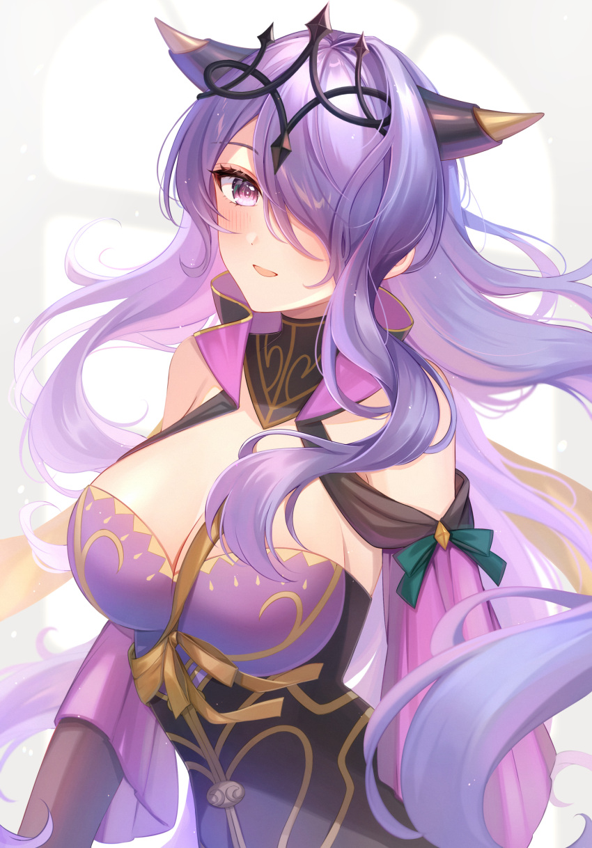 1girl :d bare_shoulders breasts camilla_(alluring_darkness)_(fire_emblem) camilla_(fire_emblem) cleavage commentary_request dress fake_horns fire_emblem fire_emblem_fates fire_emblem_heroes hair_over_one_eye highres horns large_breasts long_hair long_sleeves looking_at_viewer official_alternate_costume purple_dress purple_eyes purple_hair satoimo_chika smile solo upper_body very_long_hair