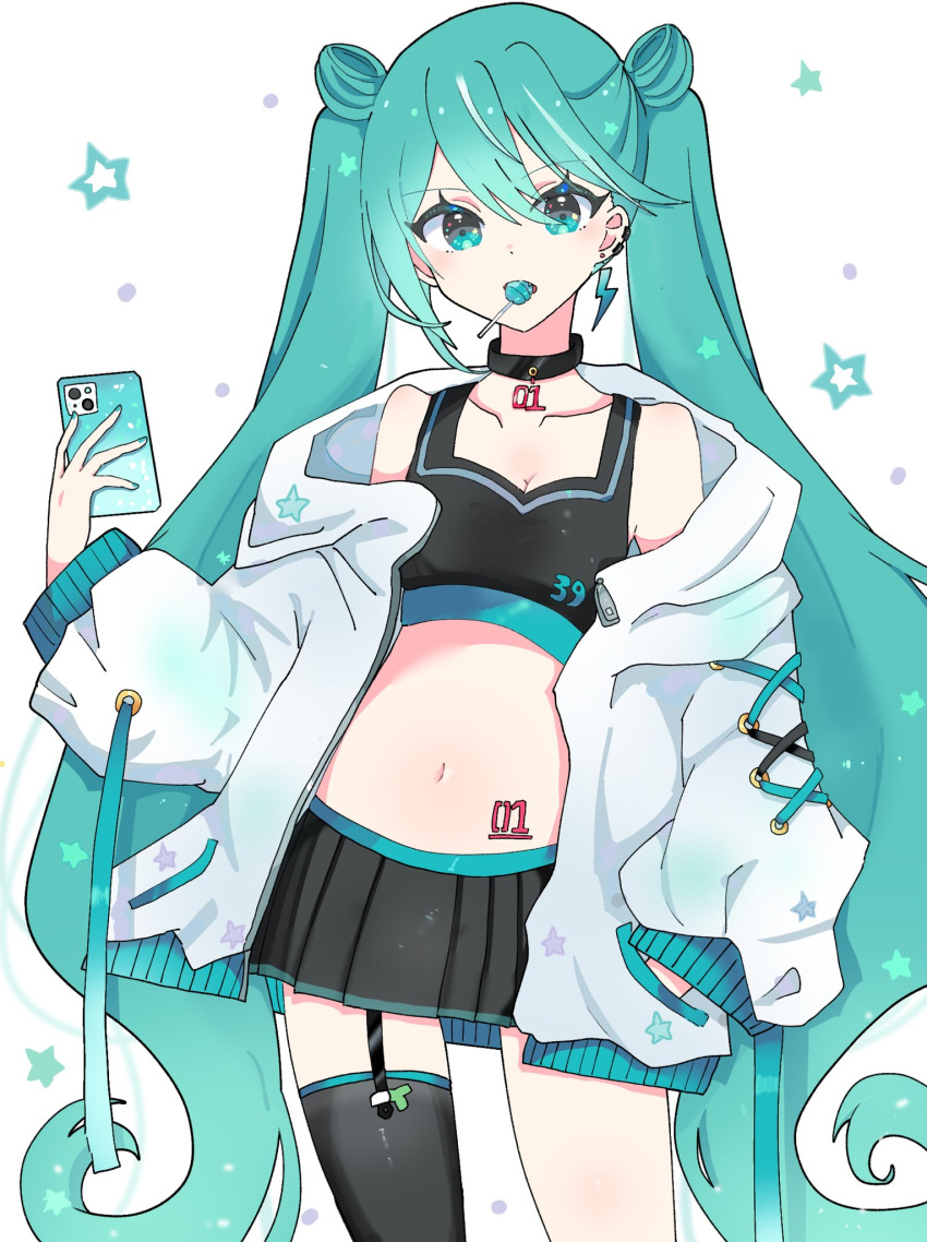 1girl bare_shoulders black_choker black_skirt black_sports_bra black_thighhighs blue_eyes blue_hair blush breasts candy cellphone choker cleavage collarbone contrapposto cowboy_shot dot_nose double_bun earclip earrings food garter_straps hair_between_eyes hair_bun hand_in_pocket hatsune_miku highres holding holding_phone hood hood_down hooded_jacket jacket jewelry legs_apart lightning_bolt_earrings lollipop long_hair long_sleeves looking_at_viewer minaduki_0318 miniskirt mouth_hold navel number_tattoo open_clothes open_jacket phone pleated_skirt puffy_sleeves simple_background single_earring single_thighhigh skirt sleeve_cuffs small_breasts smartphone solo sports_bra spring_onion star_(symbol) stomach tattoo thighhighs twintails very_long_hair vocaloid white_background white_jacket