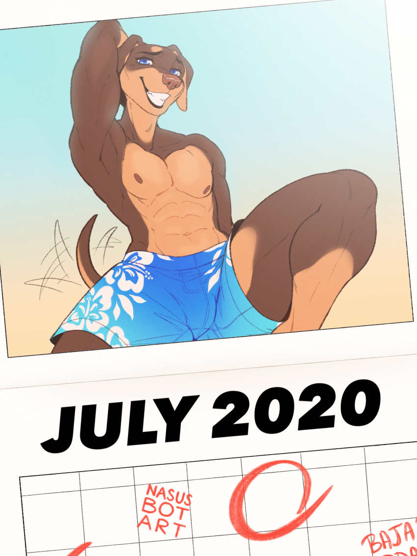 3:4 absurd_res anthro blue_eyes calendar canid canine canis clothed clothing daniel_porter dobermann domestic_dog hi_res male mammal nasusbot nervous nervous_smile photo pinscher raised_arm solo solo_focus swimwear tailwag topless topless_male