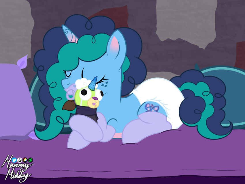 blue_body blue_fur blue_hair clothed clothing cutie_mark diaper diaper_fetish equid equine eyes_closed feral footwear freckles fur green_hair hair hasbro hi_res horn infantilism legwear madame_taffytail_(mlp) mammal misty_(g5) mlp_g5 mommymidday multicolored_hair my_little_pony object_in_mouth pacifier pacifier_in_mouth pink_body pink_fur quadruped socks thigh_highs thigh_socks two_tone_hair unicorn wearing_diaper