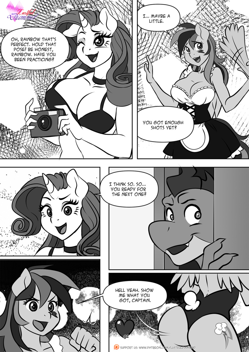 anthro anthrofied big_breasts big_butt breasts butt camera cleavage clothed clothing comic dialogue dragon equid equine female friendship_is_magic hasbro hi_res horn maid_uniform male mammal monochrome my_little_pony one_eye_closed open_mouth open_smile pegasus pia-sama pupils rainbow_dash_(mlp) rarity_(mlp) scalie smile spike_(mlp) unicorn uniform wings wink