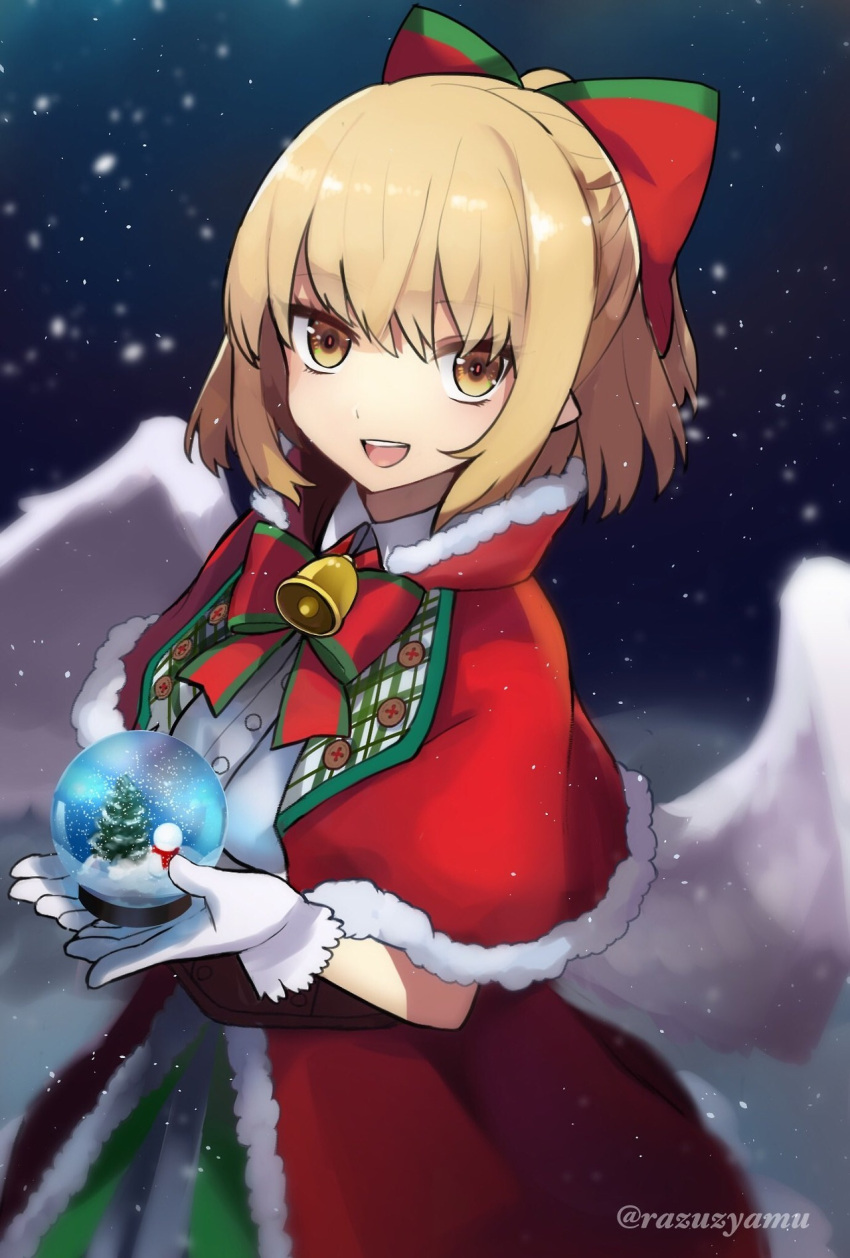 1girl alternate_costume bell blonde_hair bow breasts capelet christmas christmas_ornaments dress gengetsu_(touhou) gloves hair_bow highres medium_breasts night night_sky open_mouth pointy_ears razuzyamu red_capelet red_dress red_ribbon ribbon shirt short_hair short_sleeves sky smile snow_globe snowing teeth touhou touhou_(pc-98) upper_teeth_only white_gloves white_shirt white_wings wings yellow_eyes